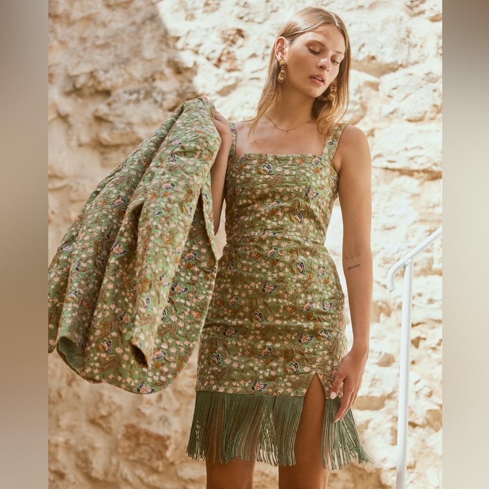 NWT EDDY Lauren Embroidered lace up dress w/Fringe spruce blush butterfly floral